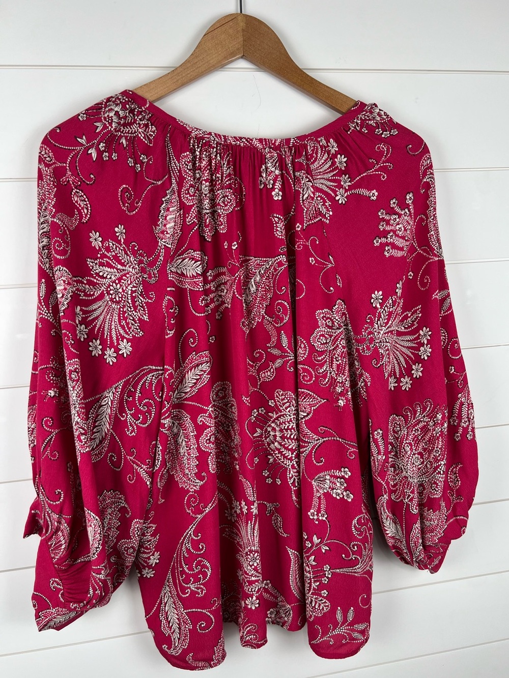 Karen Kane Paisley Peasant Blouse Women Large Pink Balloon Sleeve Boho - Picture 7 of 13